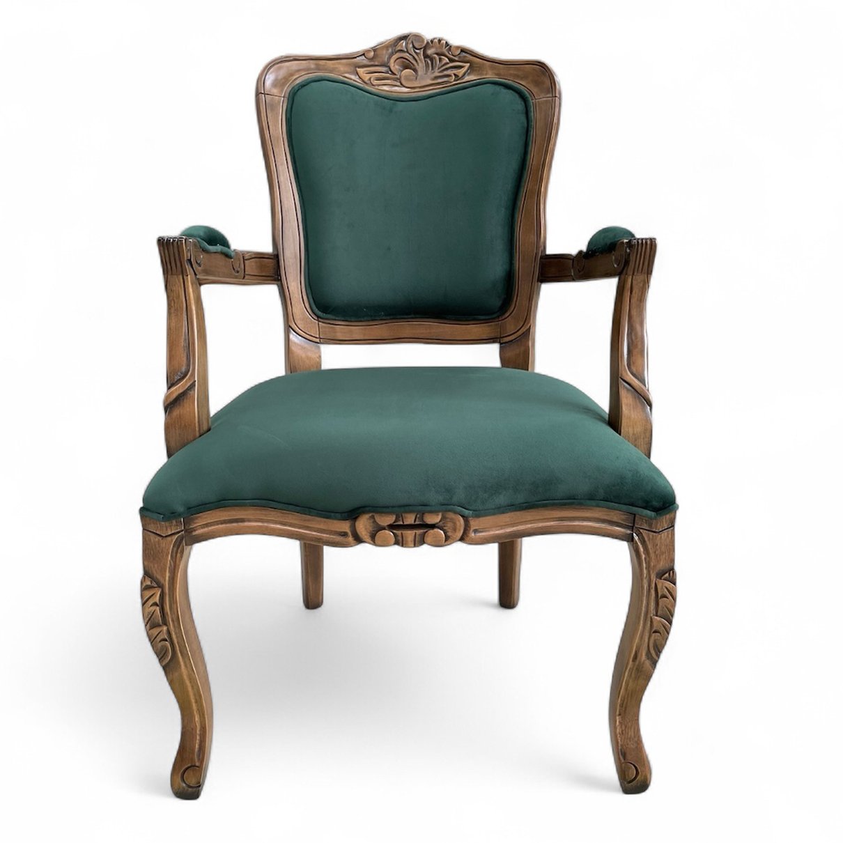 poltrona luiz xv suede verde e imbuia envelhecido frente