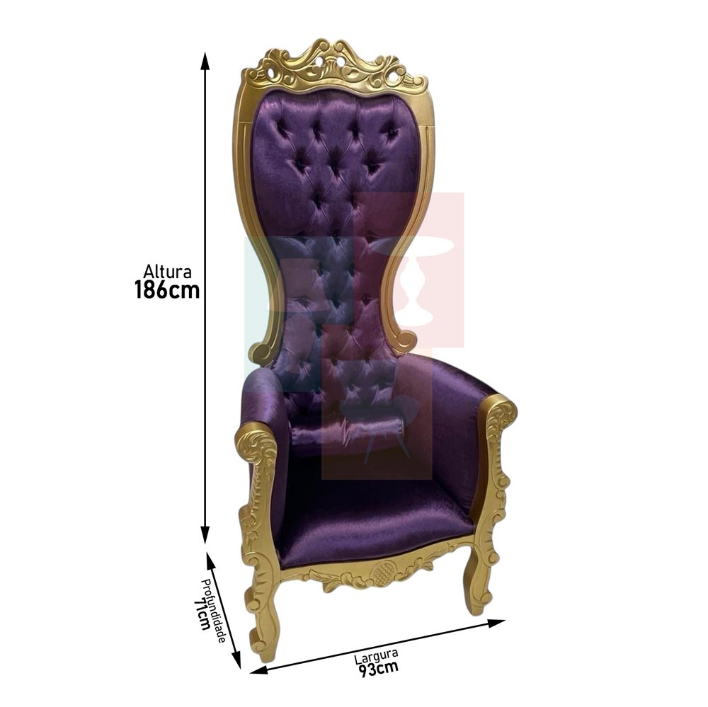 poltrona princess suede roxo e dourado medidas